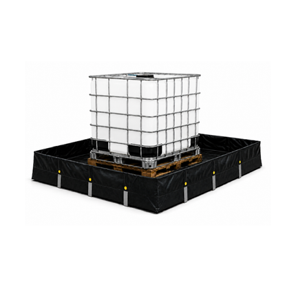A black fabric IBC tote containment basin with reflective silver safety stripes, shown holding a white plastic IBC tote container on a wooden pallet against a white background.