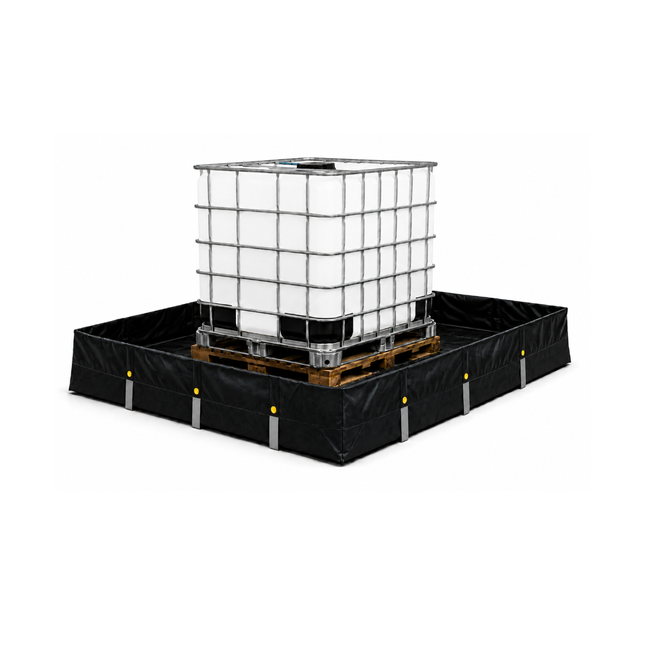 A black fabric IBC tote containment basin with reflective silver safety stripes, shown holding a white plastic IBC tote container on a wooden pallet against a white background.
