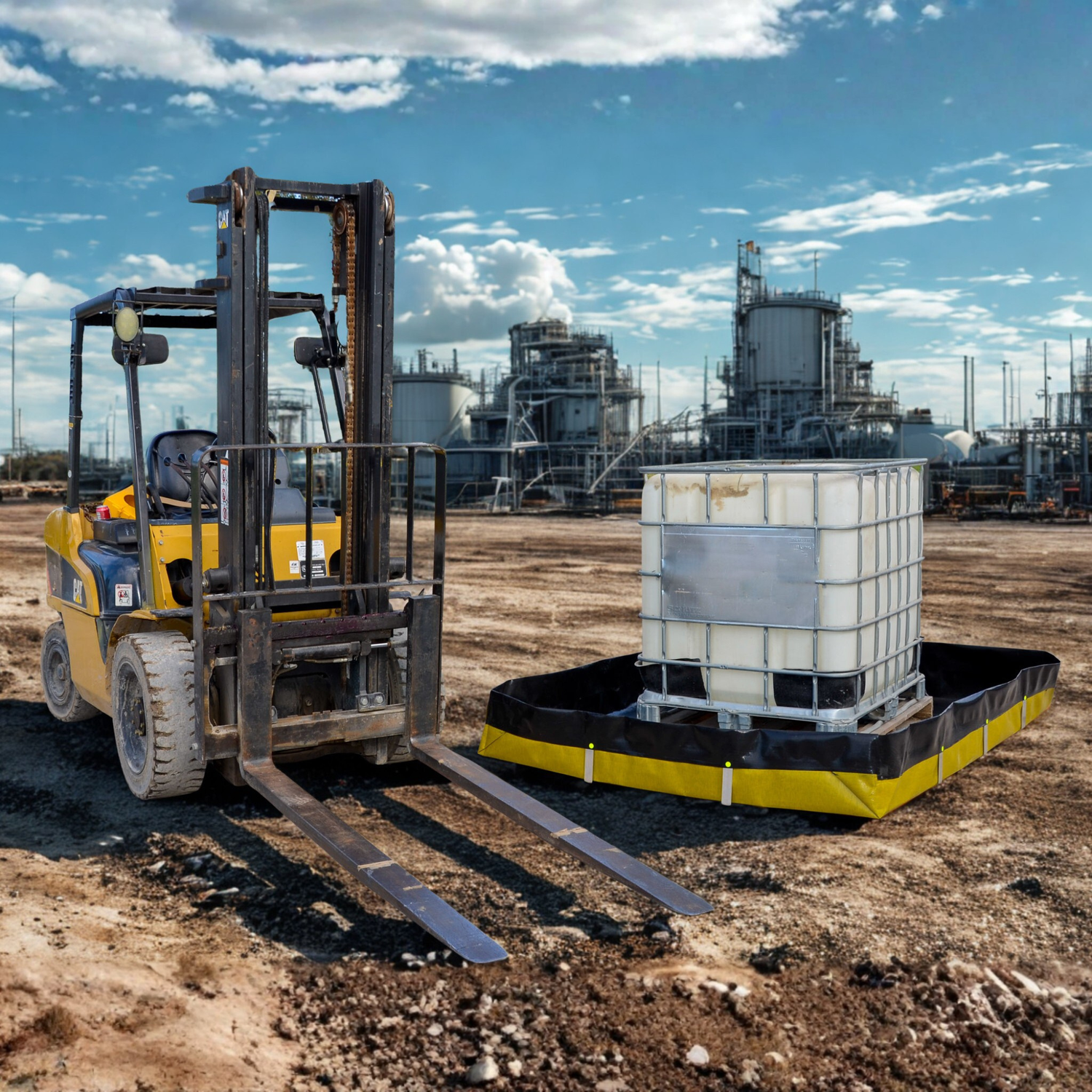 Yellow forklift moving a large white container on a dirt field with industrial equipment in the background.