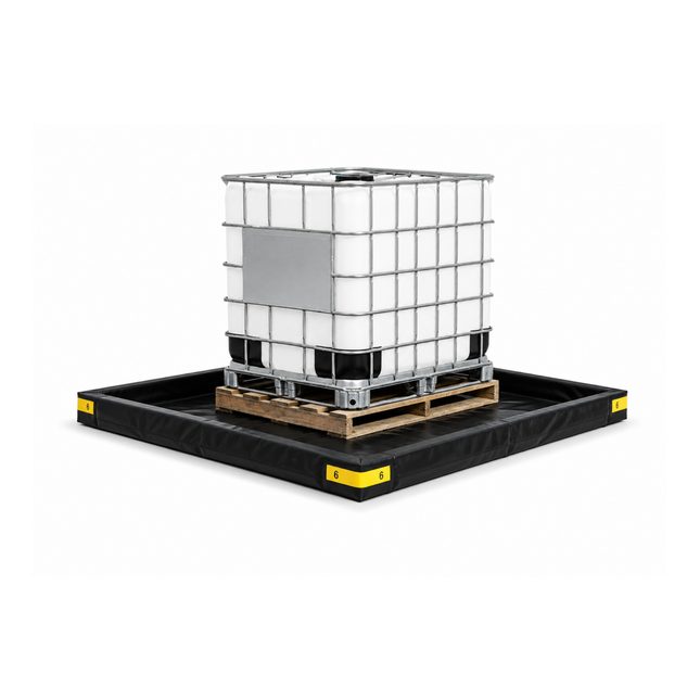 IBC tank on a pallet with a black Consolidated Containment Drive-Over Foam spill containment berm on a white background