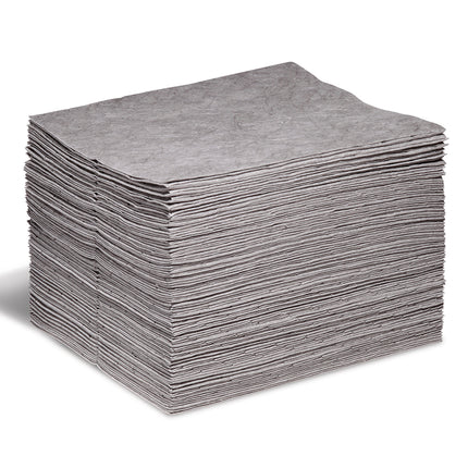 A stack of gray, contoured absorbent pads designed for spill cleanup.