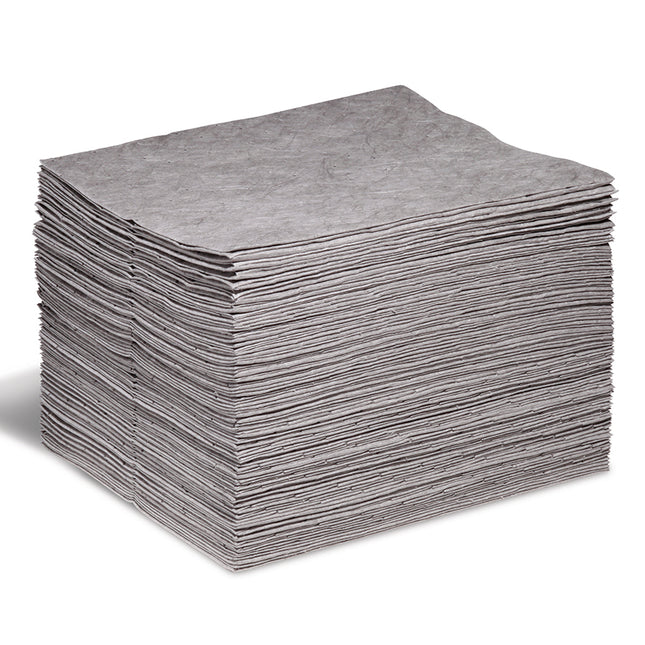 A stack of gray, contoured absorbent pads designed for spill cleanup.