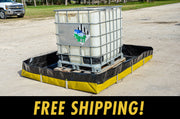 IBC tote on a spill containment barrier with free shipping text overlay