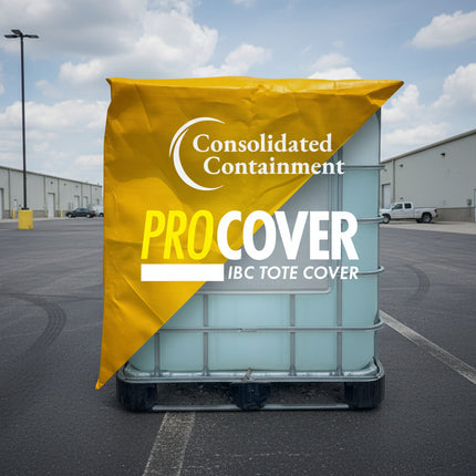 IBC tote with yellow ProCover on a dirt lot with trucks in the background