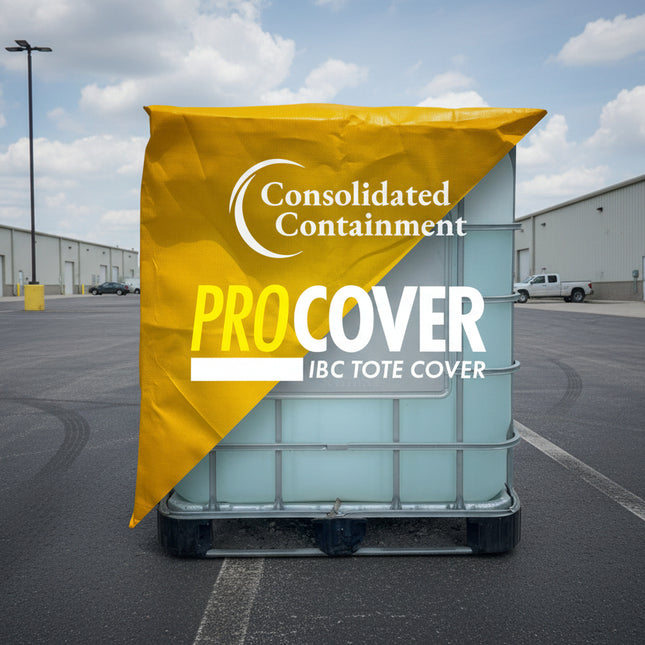 IBC tote with yellow ProCover on a dirt lot with trucks in the background