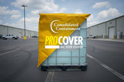 IBC tote with yellow ProCover on a dirt lot with trucks in the background