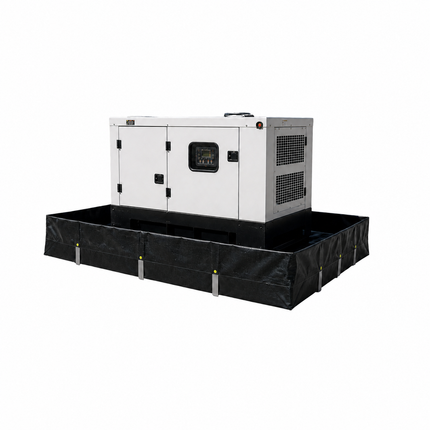 A white industrial generator sitting in a black rectangular L-Bracket Berm from Consolidated Containment
