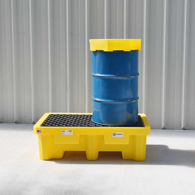 Ultra-Spill Pallet with blue drum sitting on it.