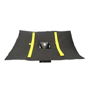 A Spill Bully Hornet's Nest: black fabric with yellow lines and a square hole in the center