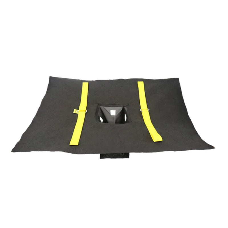 A Spill Bully Hornet's Nest: black fabric with yellow lines and a square hole in the center