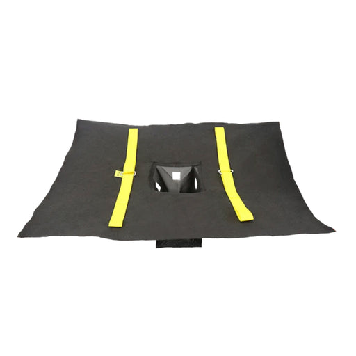 A Spill Bully Hornet's Nest: black fabric with yellow lines and a square hole in the center