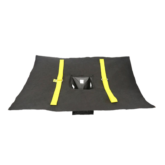 A Spill Bully Hornet's Nest: black fabric with yellow lines and a square hole in the center