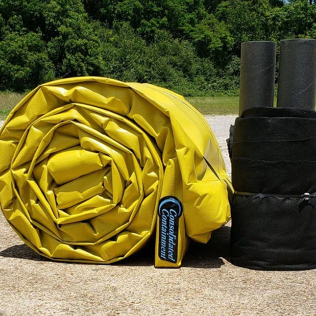 A rolled up ProFlex Foam Wall Berm with a berm pad rolled up next to it