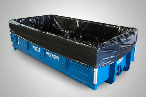 An large orange dumpster with a black liner in it